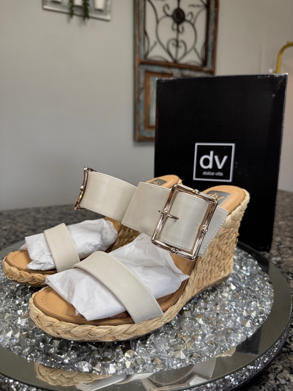 Dolce Vita Cream Woven Espadrille Wedge Sandals with Gold Buckle NEW 10